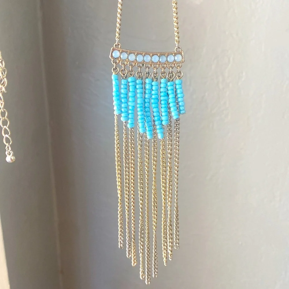 Anthropologie Shiraleah Eulalia Necklace Turquoise Fringe Chains